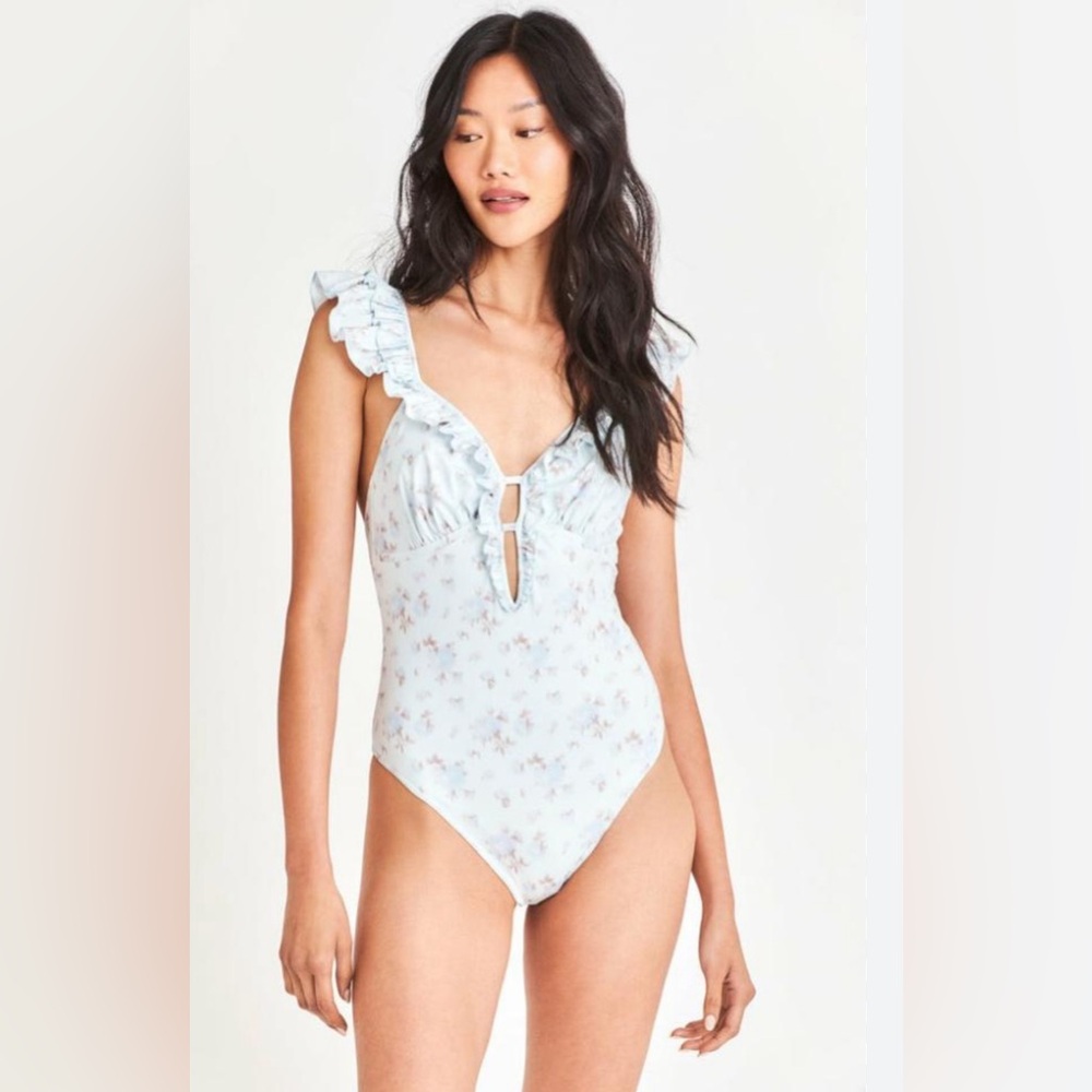 LoveShackFancy Sky Blue Floral Ruffle One Piece